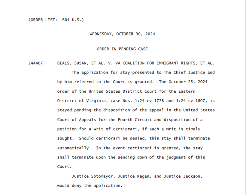 Screenshot of Supreme Court order that stays lower court ruling ordering VA to add noncitizens back on voter rolls.