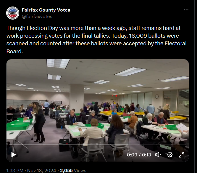 Screen shot of Fairfax County Elections Department where provisional ballots are being processed before the Nov. 15th date for localities to report results from 2024 Election.
