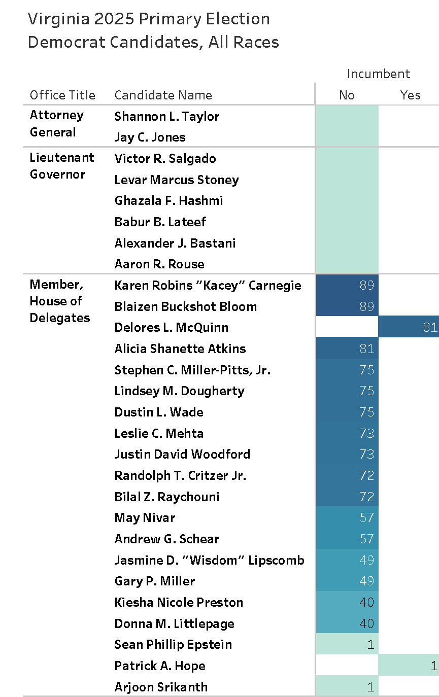 Image of 2025 Democrat Primary Election candidates in Virginia's assembly races.