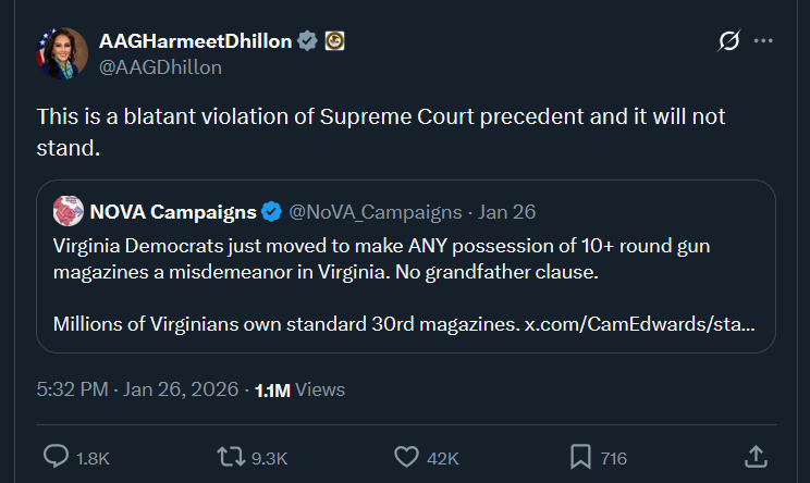 Screenshot of Assistant AG Harmeet Dhillon's response to a raft of anti-Second Amendment Bills in VA assembly that seek to restrict constitutional rights of self-protection.