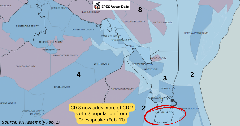 EPEC Team worked up a version of the latest map boundaries, and zoomed in on where the latest maps remove voters from District 2 into District 3.