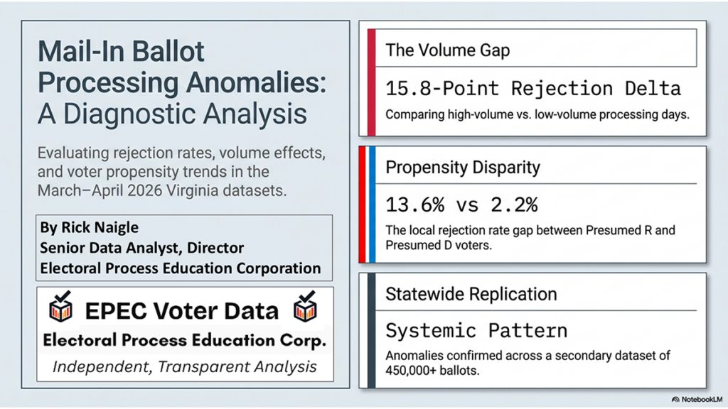 Slide1 Title page summarizes recent analysis of Virginia's 2026 Special Election regarding redistricting, which shows a disparity between how ballots are processed between presumed R and presumed D voters. The volume gap between high-volume and low-volume processing is a 15.9 rejection delta. This is also a systemic pattern in statewide data.