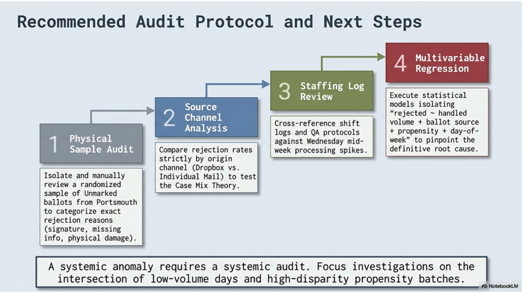 EPEC Analysis, Slide 11: Recommended Audit to Address Ballot Disparities Slide offers four steps to address how to address processing disparities between R-leaning and D-leaning ballots, including mulitvariable regressional analysis.