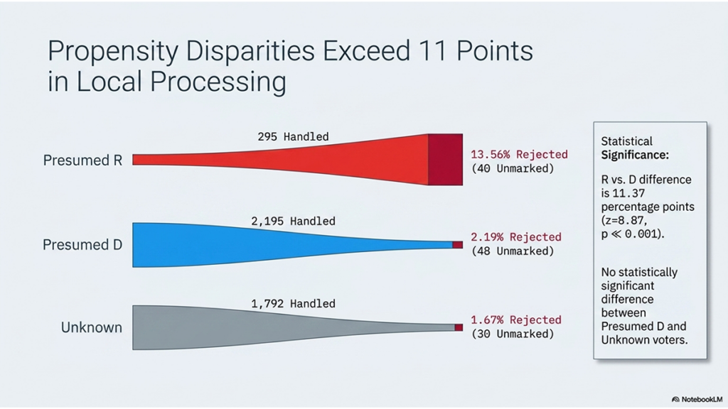 Higher Rejection Rates for R-Leaning Ballots Found in Special Election Page summarizes recent analysis of Virginia's 2026 Propensity disparities exceed 11 points in local processing in Virginia special election ballot processing between presumed R and presumed D voters.