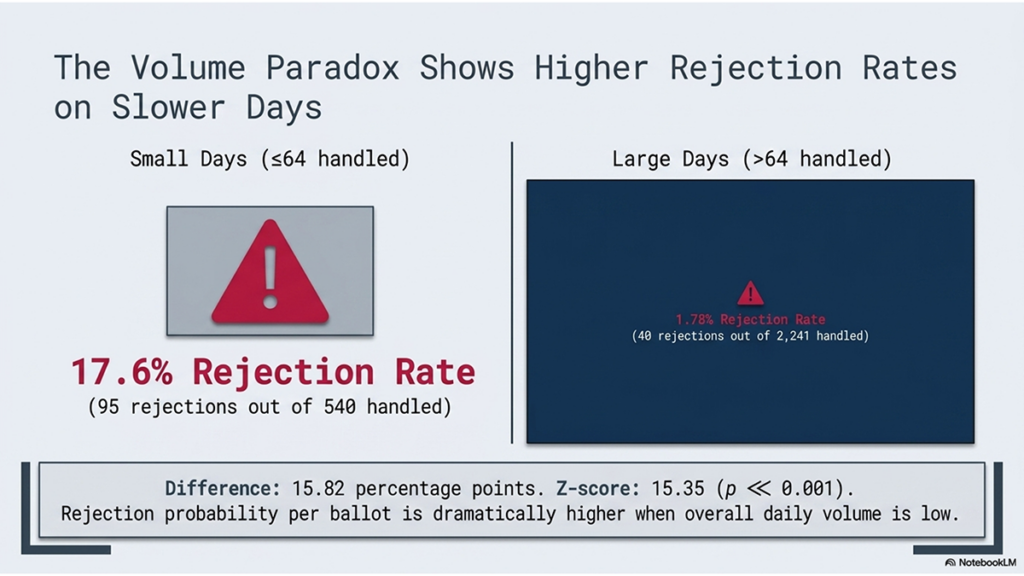 Higher Rejection Rates for R-Leaning Ballots Found in Special Election The volume paradox shows higher rejection rates on slower days, by 15.82 percentage points and a z-score of 15.35.