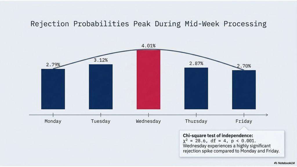 Higher Rejection Rates for R-Leaning Ballots Found in Special Election Page summarizes recent analysis of Virginia's 2026 This slide about the disparity between how ballots are processed between presumed R and presumed D voters shows that a 4.01% rejection rate of mail-in ballots is highest on Wednesdays. Rejection rates are highest mid-week and lowest on Friday.