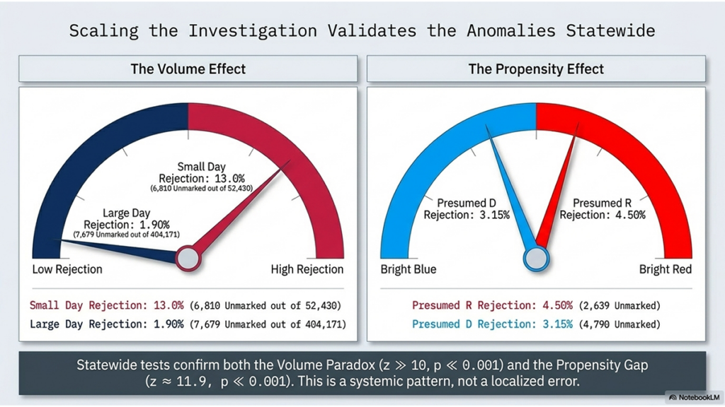 Higher Rejection Rates for R-Leaning Ballots Found in Special Election Page summarizes recent analysis of Virginia's 2026 Special Election regarding redistricting, which shows a disparity between how ballots are processed between presumed R and presumed D voters. This slide examines the volume effect that shows more rejections when fewer mail-in ballots are processed and fewer when the volume of mail ballots is higher.