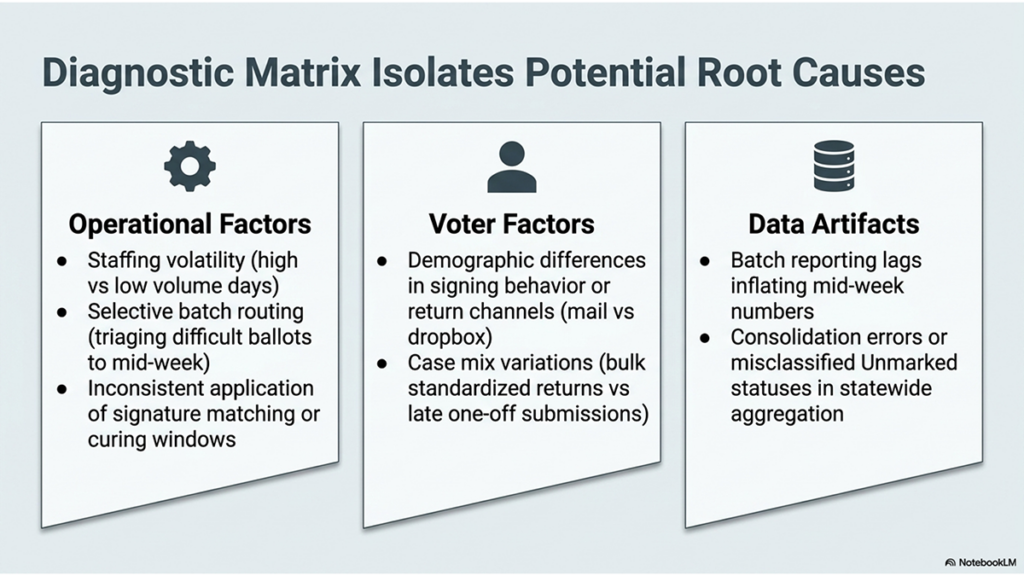 Higher Rejection Rates for R-Leaning Ballots Found in Special Election Slide offers diagnostic matrix to isolate potential root causes for clear disparities among processing rates across Virginia during the redistricting special election in 2026.